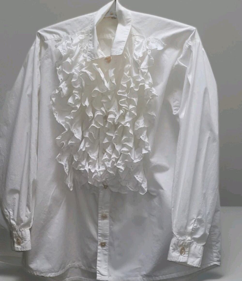 LONE RANGER THICK RUFFLE JABOT BLOUSE, 🩷 & 🧊 PEARLIZED BUTTONS, MADE IN BALI,